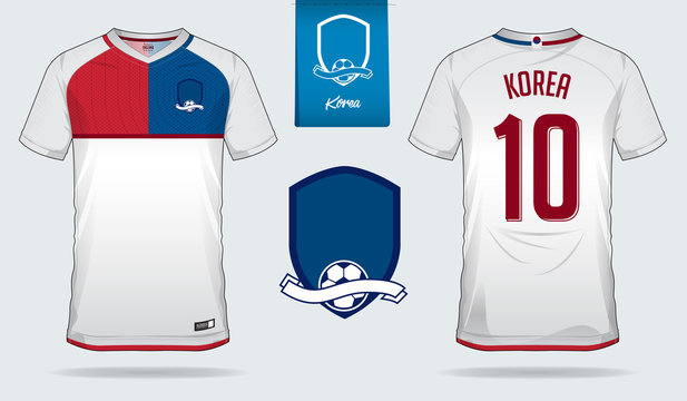 Soccer jersey or football kit template design for South Korea national football team. Front and back view soccer uniform. Football t shirt mock up with flat logo design. Vector Illustration - Powered by Adobe