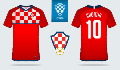Fototapeta premium Soccer jersey or football kit template design for Croatia national football team. Front and back view soccer uniform. Football t shirt mock up with flat logo design. Vector Illustration