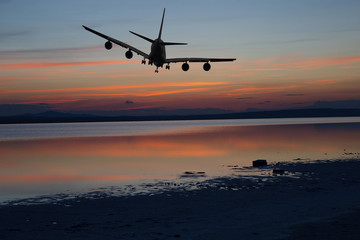 Airplane in the sky. Copy space of business summer vacation and travel adventure concept. Airplane sky and sunshine 