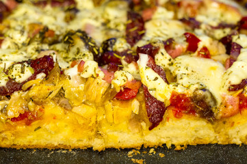 homemade pizza with peppers, plums, ham, sausage, cheese and spices, closeup