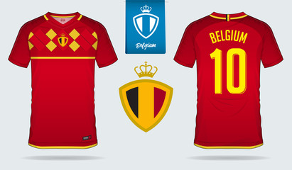 Soccer jersey or football kit template design for Belgium national football team. Front and back view soccer uniform. Football t shirt mock up with flat logo design. Vector Illustration