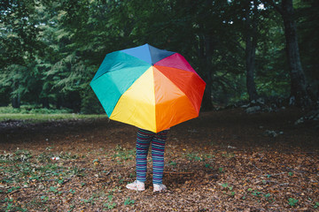 a little girl is holding a rainbow umbrella in the woods