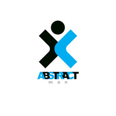 Vector illustration of joyful abstract individual with raised hands up. Liberty conceptual emblem. Happiness metaphor logotype. Business innovation idea creative symbol.