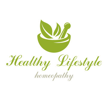 Mortar And Pestle Graphic Vector Symbol Composed With Green Leaves. Homeopathy Creative Logo For Use In Medicine, Rehabilitation Or Pharmacology.