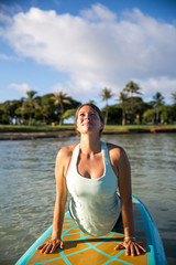 Sunny morning work out a pretty young woman in SUP Yoga upward dog Pose in Ala Moana Hawaii