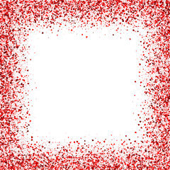Vector card with shimmer. Greeting card with hearts. Red sparkle. Shimmer. Sparkles. Red frame of hearts. Border. Confetti. Valentines day
