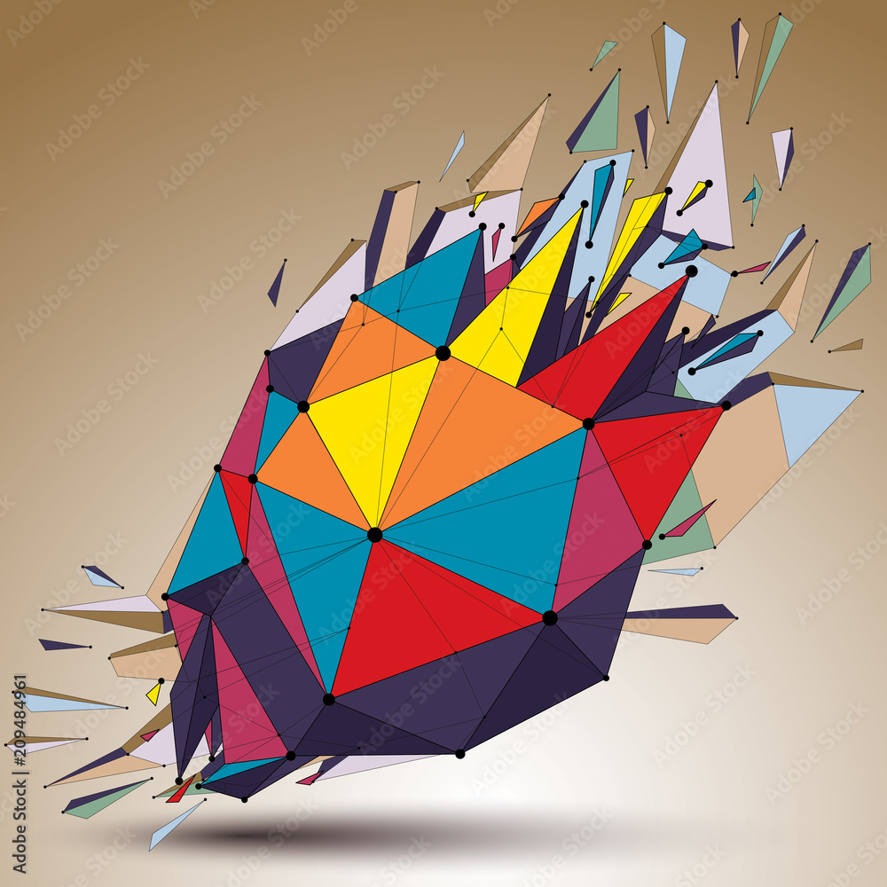 Poster 3d vector low poly object with connected lines and dots, colorful geometric wireframe shape with ref
