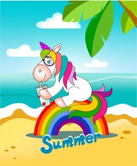Obraz na płótnie Canvas unicorn sits on the rainbow and drinks juice on the beach under the palm trees