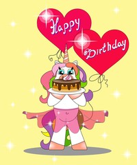 a rainbow unicorn holds a cake, behind a heart with the inscription Happy Birthday