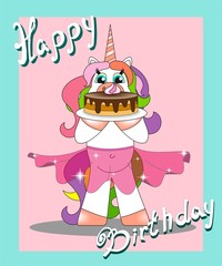 a rainbow unicorn in a transparent skirt holds a cake, in the background with the inscription Happy Birthday
