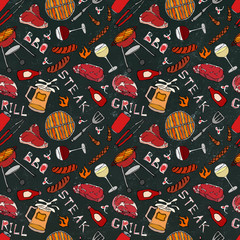 Seamless Pattern of Summer BBQ Grill Party. Glass of Red, White VineSteak, Sausage, Barbeque Grid, Tongs, Fork. Black Board Background and Chalk. Hand Drawn Vector Illustration. Savoyar Doodle Style.