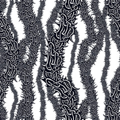 Horror art style seamless pattern, vector background. Blackthorn branches with thorns stylish endless illustration.