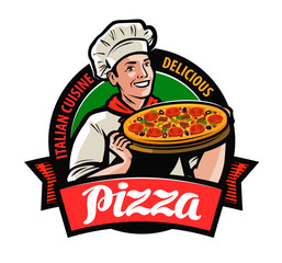 Happy chef with pizza in hand. Pizzeria logo or label. Cartoon vector illustration