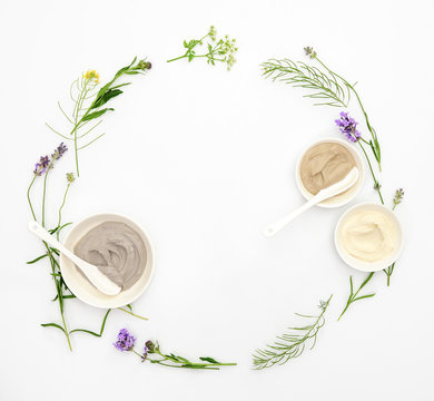 Natural cosmetics set with various kinds of cosmetic clays and herbs