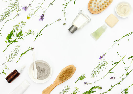 Natural cosmetics background, flat lay