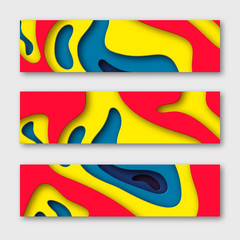 3d paper cut horizontal banners. Shapes with shadow in white and yellow, red, blue. Papercraft layered art. Design for decoration, business presentation, posters, flyers, prints. Vector illustration.