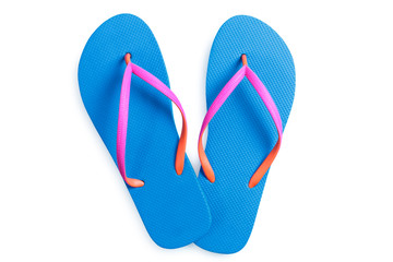 Blue flip flops isolated on white background. Top view