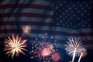 Fireworks and flag of America