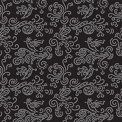 Birds in Cherry tree seamless pattern, black and white. Hand drawn wallpaper or textile pattern in vector format.
