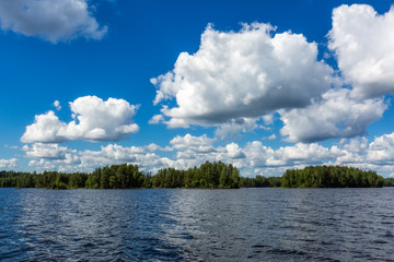 Landscape of beautiful lake with forest and clouds