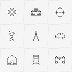 Location line icon set with target, train and compass