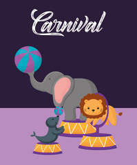 Carnival circus design with cute elephant, lion and seal over purple background, colorful design. vector illustration