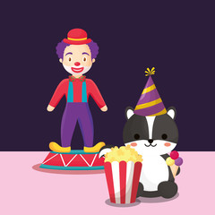 Carnival circus design with clown and skunk with pop corn over black background, colorful design. vector illustration