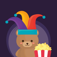 cute bear with jester hat and pop corn over purple background, colorful design. vector illustration