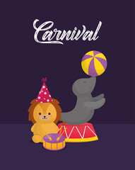 Carnival circus design with cute lion and seal over purple background, colorful design. vector illustration