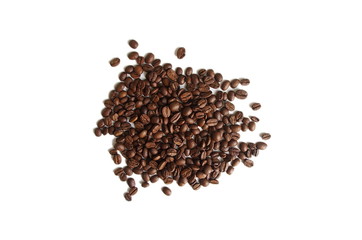 Roasted coffee beans pile on white background. Coffee house concept. 
