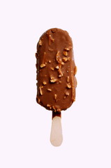 Chocolate ice lolly with almonds on the white isolated background. Ice cream bar,summer hot day. Cold yummy ice cream .Ice cream design.