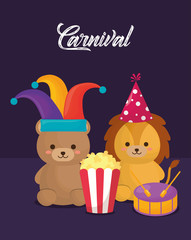 cute bear and lion with jester and party hat and pop corn over purple background, colorful design. vector illustration