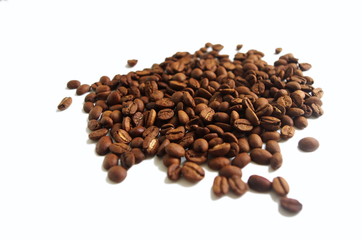 Roasted coffee beans pile on white background. Coffee house concept. 