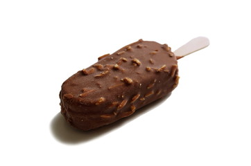 Chocolate ice cream bar, with almonds on the white isolated background. Ice cream bar,summer hot day. Cold yummy ice cream .Ice lolly concept background.