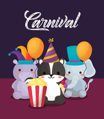 Carnival circus design with cute animals with pop corn and balloons over purple background, colorful design. vector illustration