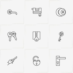 Lock & Key line icon set with door handle , door lock  and key