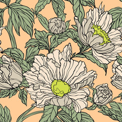 Elegance Seamless pattern with peonies or roses flowers