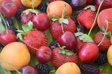 Berries overhead closeup colorful assorted mix of strawberry, blueberry, raspberry, blackberry, red currant in studio on dark background