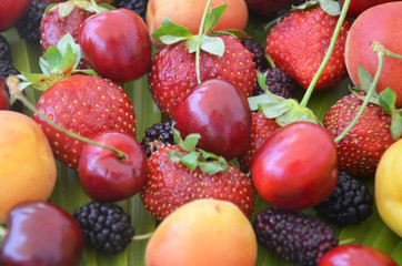 Berries overhead closeup colorful assorted mix of strawberry, blueberry, raspberry, blackberry, red currant in studio on dark background