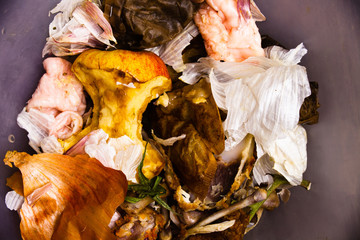 Flat lay image above plate with leftovers bones. Eaten fried chicken wings on the plate. Unhealthy concept of eaten food.