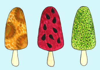 Hand drawn watercolor summer food ice cream  frozen bar cafe milk products bright color fruit