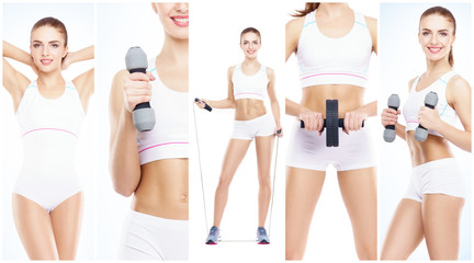 Healthy, sporty and beautiful girl isolated on white background. Woman in a fitness workout collection. Nutrition, diet, sport and body care concept.
