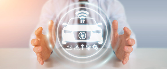 Businessman using modern smart car interface 3D rendering