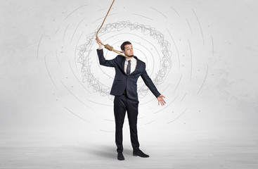 Burnout young elegant businessman trying to suicide with doodle concept
