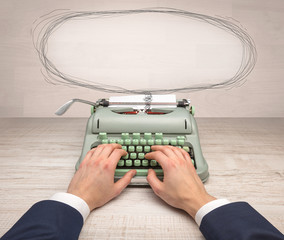 Typewriter with doodles, idea, message, plane, car balloon social media concept
