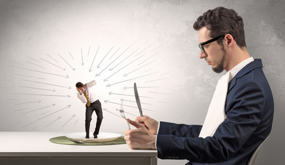 Big businessman eating small scared employee wit doodle concept
