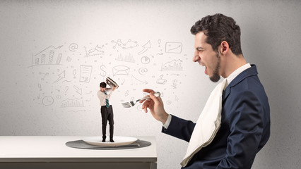 Big businessman eating small one with doodled reports, charts and graphs concept