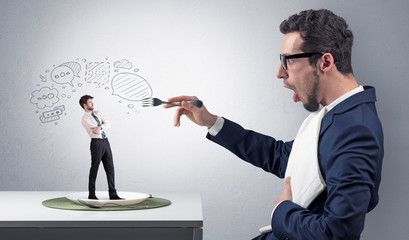 Big businessman want to eat small man with cloud messages above his head

