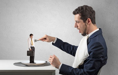 Tiny scared weak businessman almost devoured by great power
