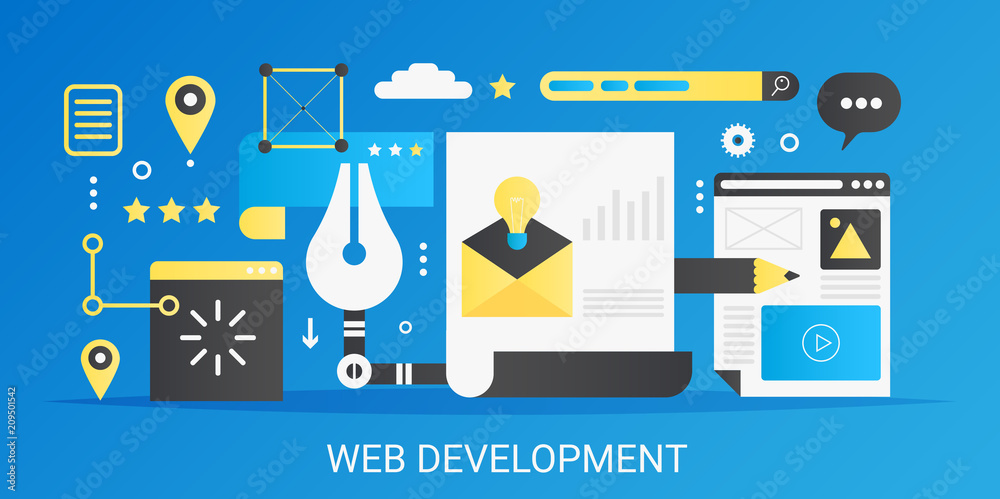 Poster Modern vector flat gradient Web development concept template banner with icons and text.